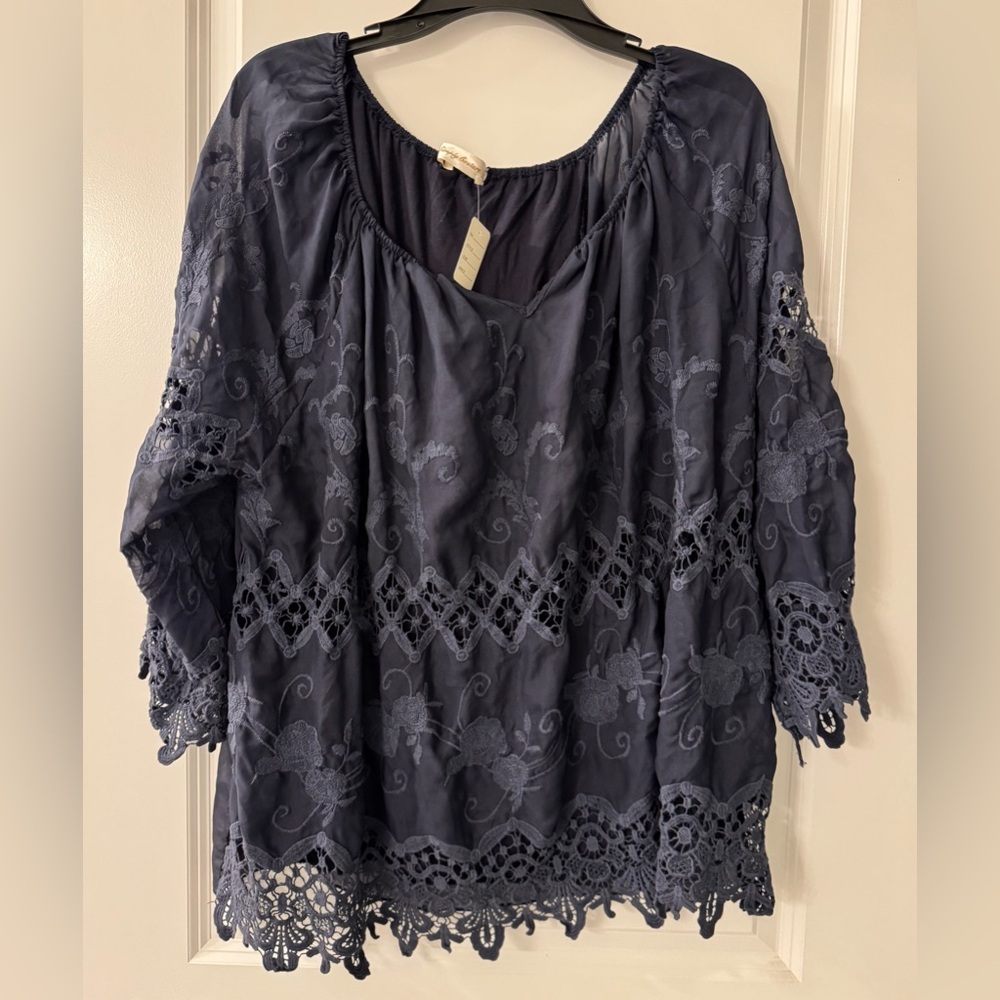 #x576 Simply Couture Navy Blue Embroidered Lace Boho Peasant Tunic Blouse Lined